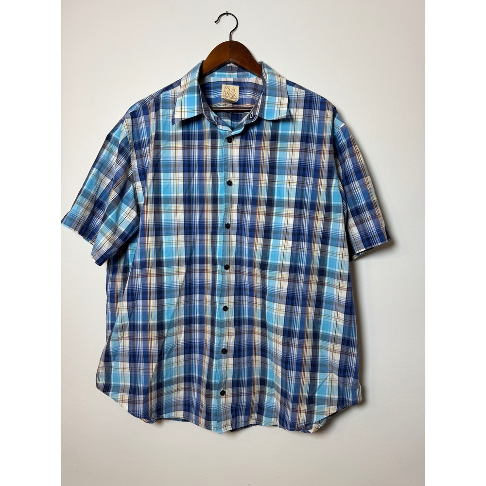 Jos. A. Bank Mens XL Blue Plaid Short Sleeve Cotton Tencel Button Down Shirt